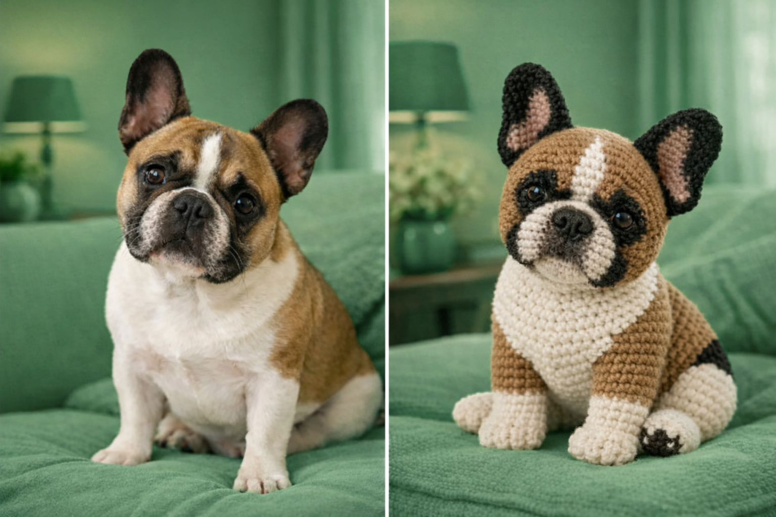 Pet amigurumi comparado ao real